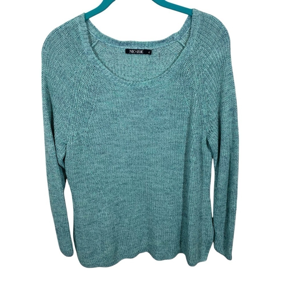 Nic Zoe Sweater Blue Linen Blend Pullover Crewneck Knit Preppy Petite Large